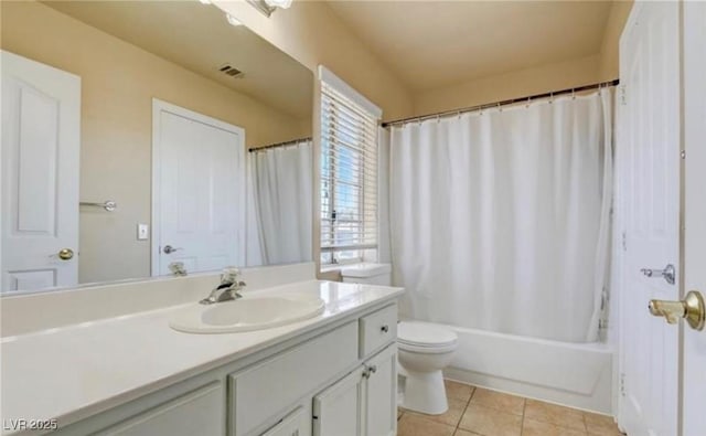 full bath featuring shower / bathtub combination with curtain, vanity, tile patterned floors, toilet, and visible vents