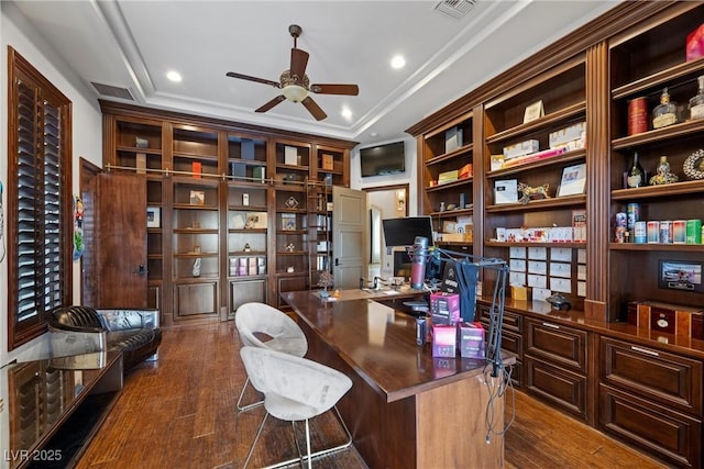 9301 Verlaine Ct, Las Vegas, NV 89145 - office space featuring built in desk, visible vents, a ceiling fan, and dark wood-type flooring