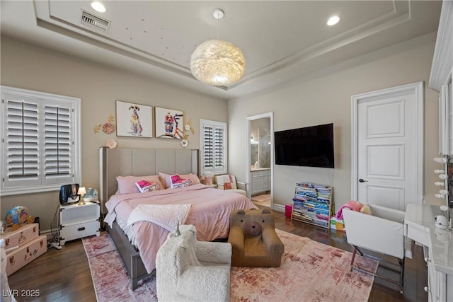 9301 Verlaine Ct, Las Vegas, NV 89145 - bedroom featuring a raised ceiling, recessed lighting, visible vents, and wood finished floors