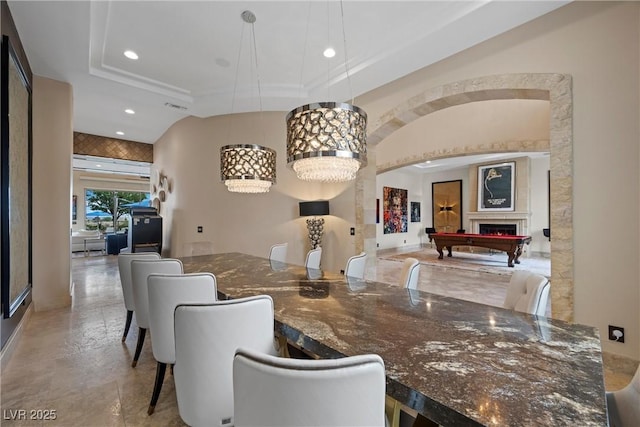 9301 Verlaine Ct, Las Vegas, NV 89145 - dining space with pool table, visible vents, recessed lighting, a tray ceiling, and baseboards