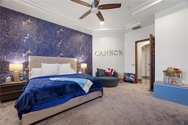 9301 Verlaine Ct, Las Vegas, NV 89145 - bedroom with wallpapered walls, visible vents, ceiling fan, and carpet floors