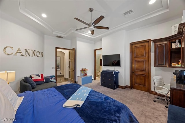 9301 Verlaine Ct, Las Vegas, NV 89145 - bedroom with a tray ceiling, visible vents, and light colored carpet