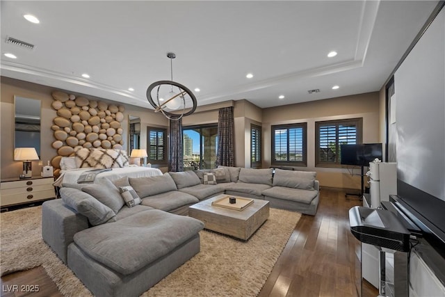 9301 Verlaine Ct, Las Vegas, NV 89145 - living room with a chandelier, visible vents, dark wood-style flooring, and recessed lighting