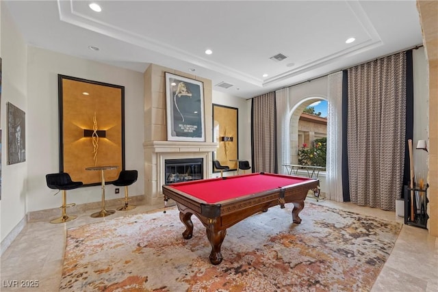 9301 Verlaine Ct, Las Vegas, NV 89145 - game room featuring pool table, visible vents, recessed lighting, a fireplace, and a tray ceiling