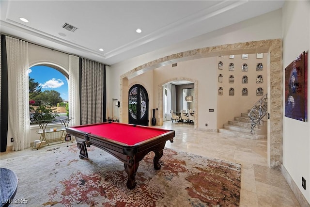 9301 Verlaine Ct, Las Vegas, NV 89145 - rec room featuring arched walkways, visible vents, pool table, and recessed lighting