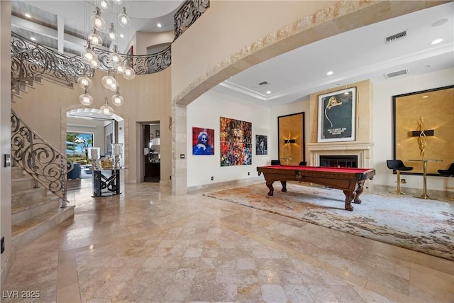 9301 Verlaine Ct, Las Vegas, NV 89145 - playroom with pool table, arched walkways, baseboards, and visible vents