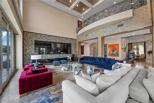 9301 Verlaine Ct, Las Vegas, NV 89145 - living area featuring beam ceiling, visible vents, recessed lighting, coffered ceiling, and a high ceiling