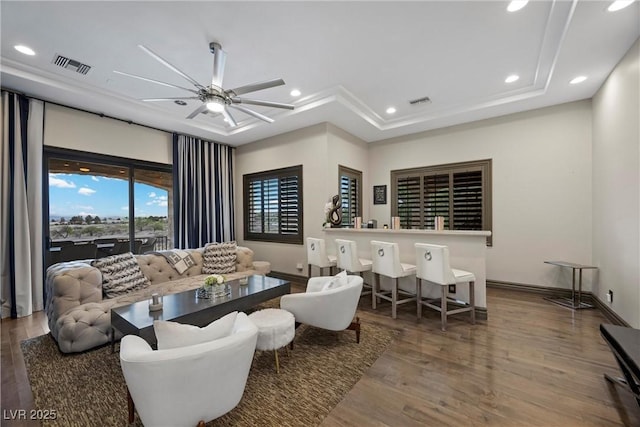 9301 Verlaine Ct, Las Vegas, NV 89145 - living room featuring a ceiling fan, recessed lighting, visible vents, and wood finished floors