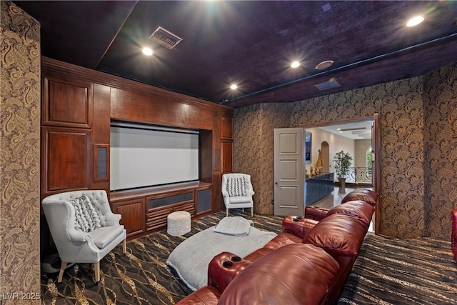 9301 Verlaine Ct, Las Vegas, NV 89145 - cinema room with wallpapered walls, visible vents, arched walkways, and recessed lighting