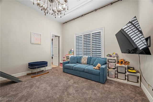 9301 Verlaine Ct, Las Vegas, NV 89145 - carpeted living room with an inviting chandelier and baseboards