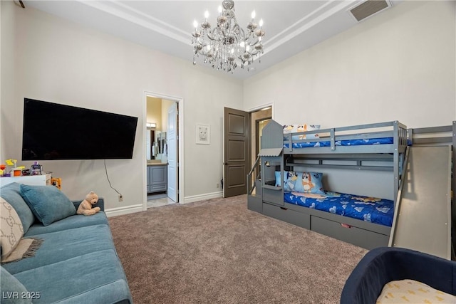 9301 Verlaine Ct, Las Vegas, NV 89145 - bedroom featuring baseboards, an inviting chandelier, visible vents, connected bathroom, and carpet floors