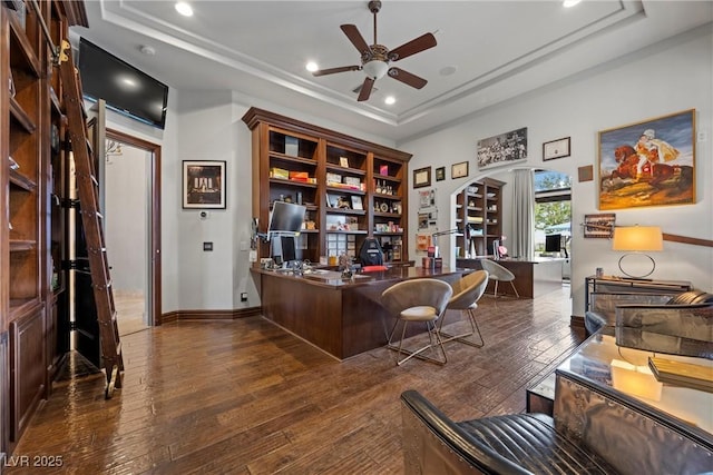 9301 Verlaine Ct, Las Vegas, NV 89145 - office area featuring wood-type flooring, baseboards, a raised ceiling, ceiling fan, and recessed lighting