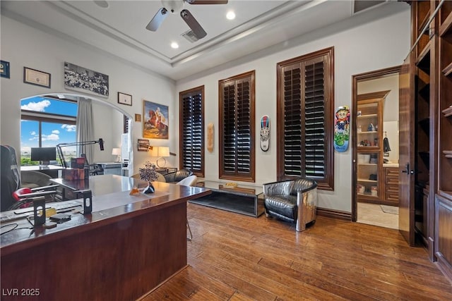 9301 Verlaine Ct, Las Vegas, NV 89145 - office space with a ceiling fan, recessed lighting, visible vents, wood finished floors, and arched walkways