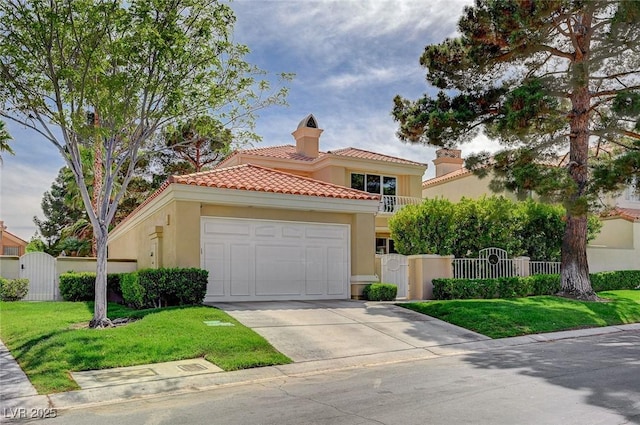8221 Crow Valley Ln, Las Vegas, NV 89113 - mediterranean / spanish-style house with stucco siding, concrete driveway, an attached garage, and a tile roof