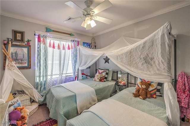 carpeted bedroom featuring ceiling fan and crown molding