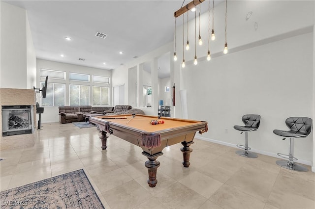 465 Indigo Springs St, Henderson, NV 89014 - rec room with billiards, a multi sided fireplace, visible vents, baseboards, and recessed lighting