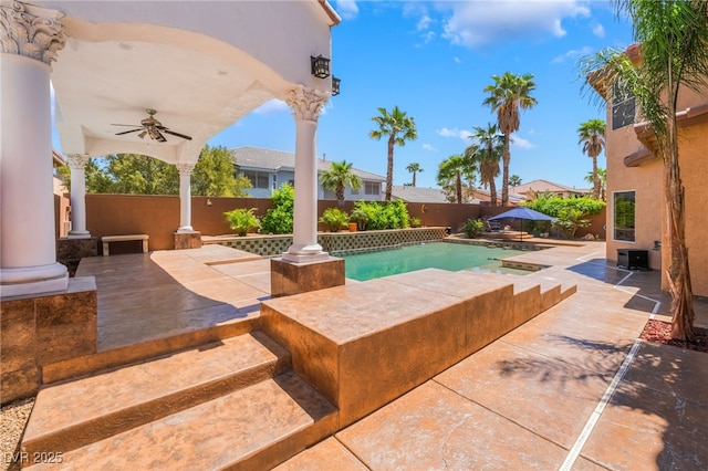 7526 Gossamer Wind St, Las Vegas, NV 89139 - view of swimming pool with a patio, ceiling fan, and a fenced backyard