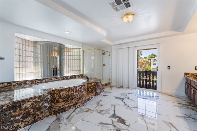 7526 Gossamer Wind St, Las Vegas, NV 89139 - bathroom featuring a stall shower, a bath, baseboards, vanity, and marble finish floors