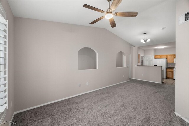 10001 Peace Way Unit 2228, Las Vegas, NV 89147 - unfurnished living room with carpet flooring, a ceiling fan, lofted ceiling, and baseboards