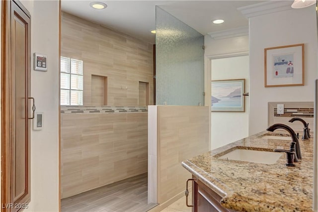 2708 Port Of Call Dr, Las Vegas, NV 89128 - full bathroom with a walk in shower, recessed lighting, vanity, and crown molding