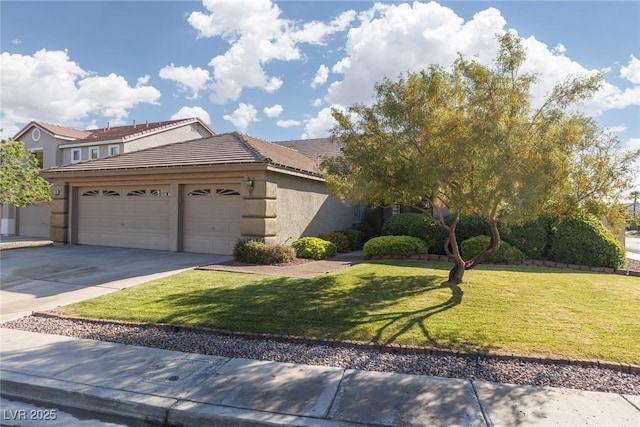 240 Jumping Springs Pl, Henderson, NV 89012 - view of front facade with an attached garage, concrete driveway, stucco siding, a tiled roof, and a front yard