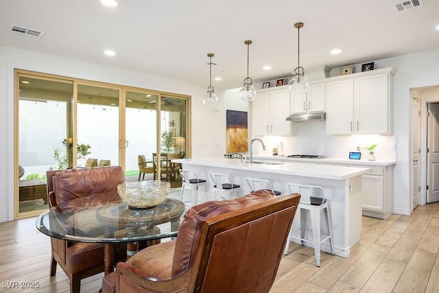 kitchen featuring visible vents, under cabinet range hood, light countertops, and a sink