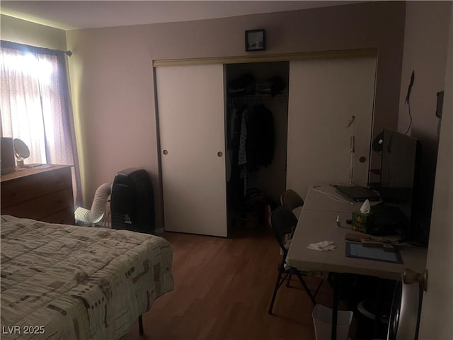 bedroom with light wood-type flooring and a closet