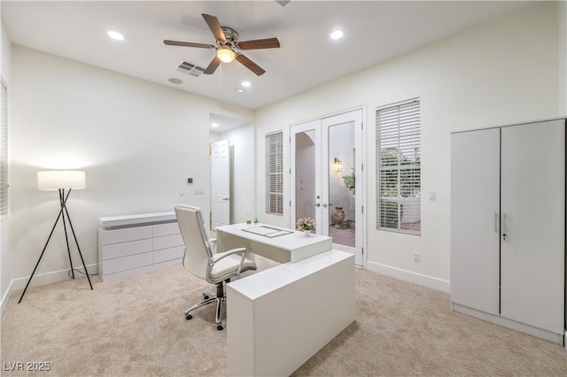 2571 Red Springs Dr, Las Vegas, NV 89135 - home office featuring light colored carpet, french doors, a ceiling fan, and visible vents