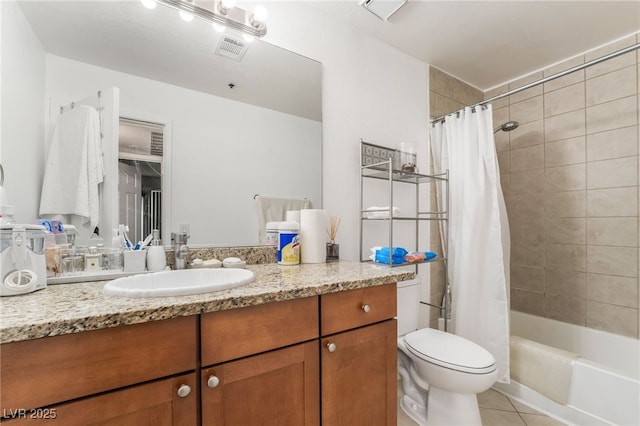 bathroom featuring shower / bath combo, vanity, toilet, tile patterned floors, and visible vents