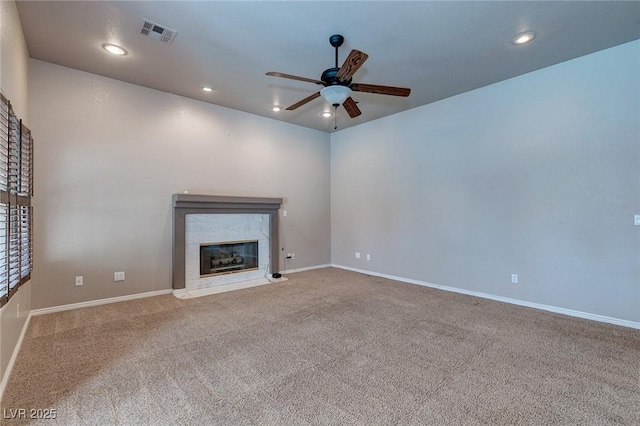 3684 Mooncrest Cir, Las Vegas, NV 89129 - unfurnished living room with ceiling fan, carpet flooring, a premium fireplace, and recessed lighting