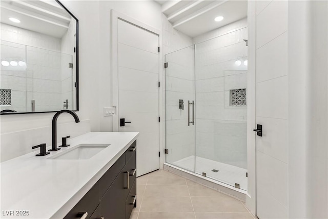 full bathroom with vanity, recessed lighting, tile patterned floors, and a shower stall