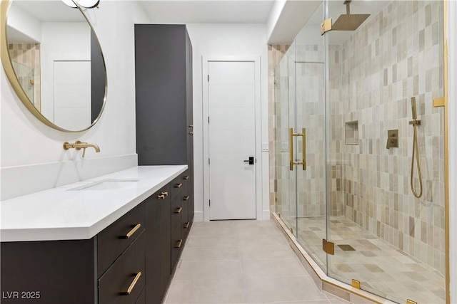 bathroom featuring tile patterned flooring, a stall shower, and vanity