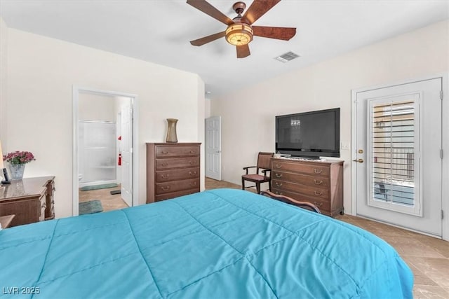 bedroom with connected bathroom, ceiling fan, and visible vents