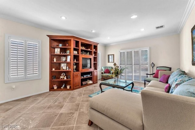 living area with crown molding, baseboards, recessed lighting, and visible vents