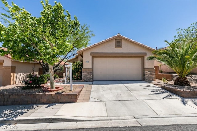 ranch-style home with an attached garage, driveway, stone siding, and stucco siding