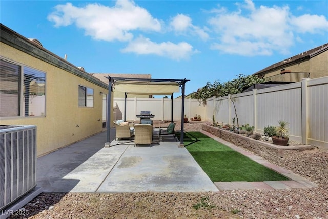 view of patio / terrace with central AC unit, a pergola, outdoor dining area, and a fenced backyard