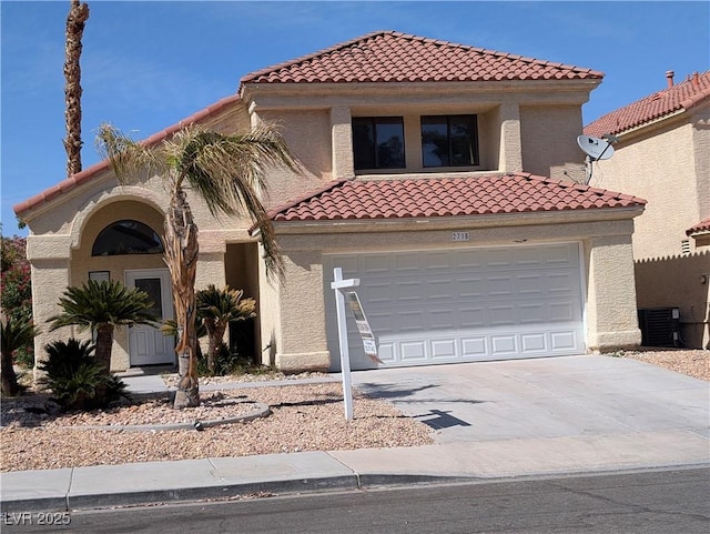 2716 Knightsbridge Rd, Henderson, NV 89074 - mediterranean / spanish-style house featuring a garage, central AC unit, a tiled roof, concrete driveway, and stucco siding