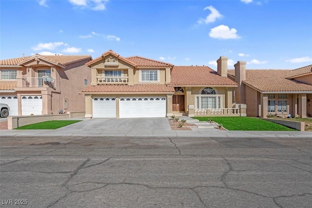 8232 Ocean Terrace Way, Las Vegas, NV 89128 - mediterranean / spanish home with a chimney, stucco siding, a tiled roof, driveway, and an attached garage