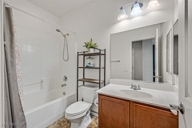 bathroom with toilet, shower / bath combo with shower curtain, and vanity