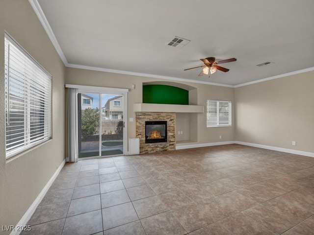 8728 Tom Noon Ave Unit 103, Las Vegas, NV 89178 - unfurnished living room featuring ceiling fan, crown molding, visible vents, and tile patterned flooring