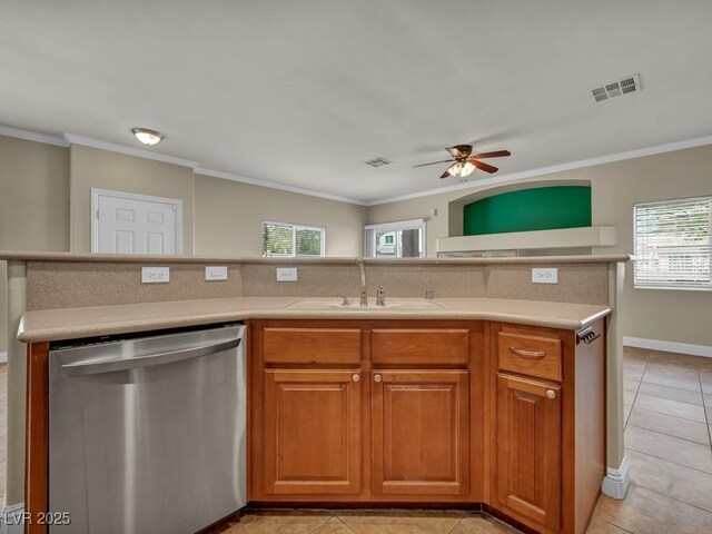 8728 Tom Noon Ave Unit 103, Las Vegas, NV 89178 - kitchen featuring a sink, visible vents, a ceiling fan, light tile patterned floors, and stainless steel dishwasher