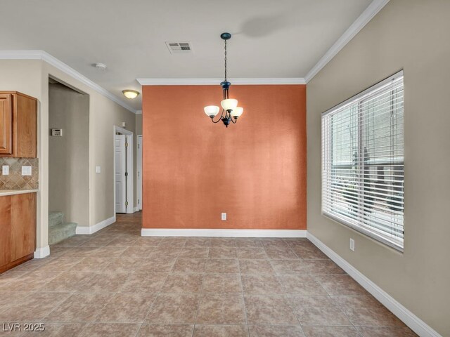 8728 Tom Noon Ave Unit 103, Las Vegas, NV 89178 - unfurnished dining area with crown molding, a notable chandelier, baseboards, and visible vents