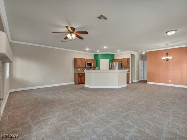 8728 Tom Noon Ave Unit 103, Las Vegas, NV 89178 - unfurnished living room with crown molding, ceiling fan with notable chandelier, visible vents, and recessed lighting