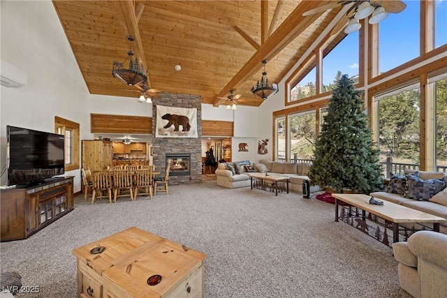 living area with ceiling fan, a wall mounted AC, wooden ceiling, high vaulted ceiling, and carpet flooring