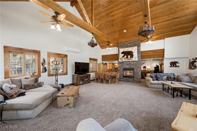 living area featuring carpet floors, ceiling fan, a wall mounted AC, and high vaulted ceiling