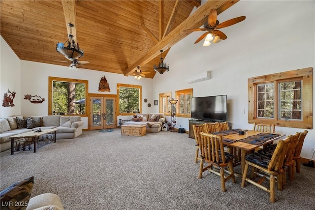 carpeted dining area featuring french doors, high vaulted ceiling, a ceiling fan, and wood ceiling