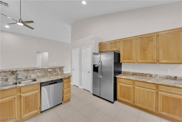 2514 Tropical Sands Ave, North Las Vegas, NV 89031 - kitchen featuring visible vents, light stone countertops, ceiling fan, a sink, and appliances with stainless steel finishes