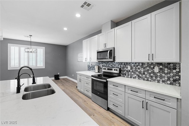 3660 Stirrup, Pahrump, NV 89048 - kitchen with a sink, stainless steel appliances, light wood-type flooring, visible vents, and backsplash