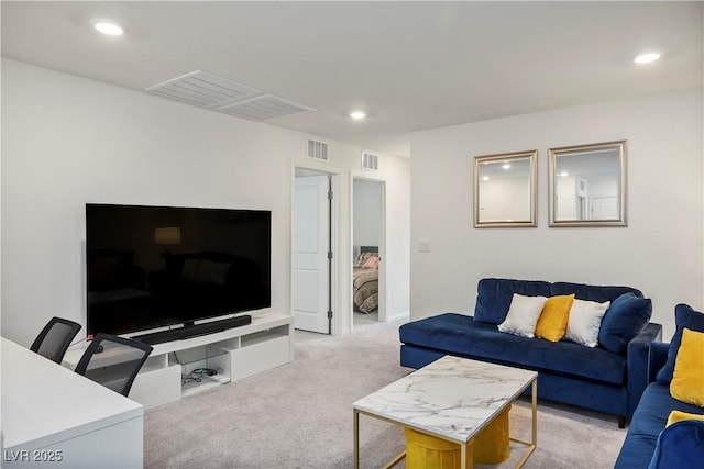 living room featuring light carpet, recessed lighting, and visible vents