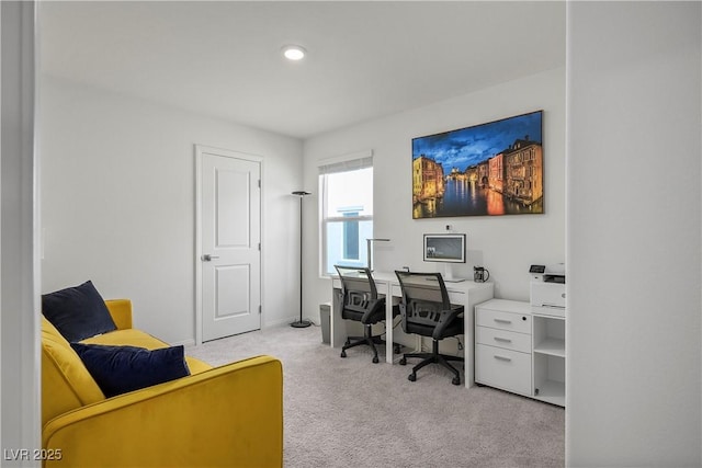 office area featuring baseboards, recessed lighting, and light colored carpet